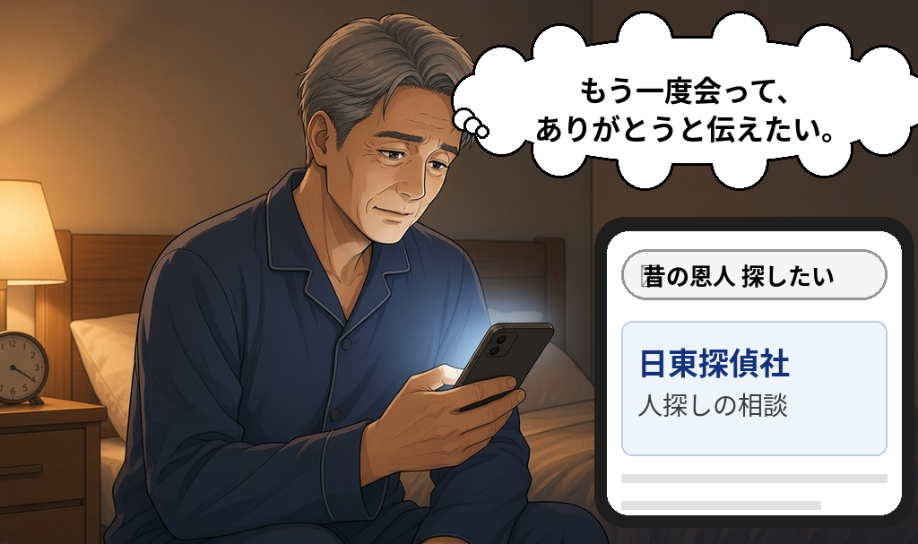 夜、寝室でスマートフォンを手に「昔の恩人 探したい」と検索し、日東探偵社の人探しの相談を見つける男性