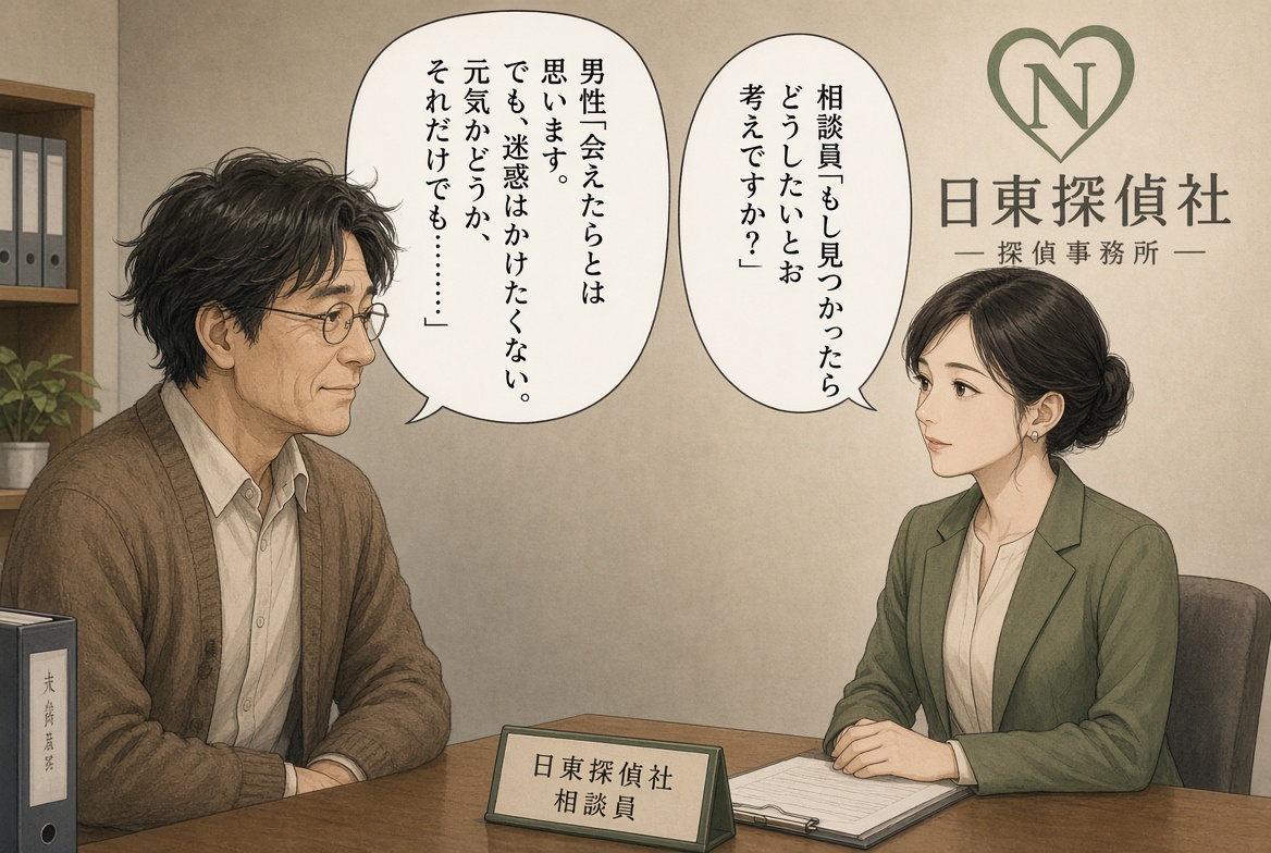 日東探偵社の相談窓口で「迷惑はかけず、元気かどうかだけでも知りたい」と本音を打ち明ける男性の人探し漫画