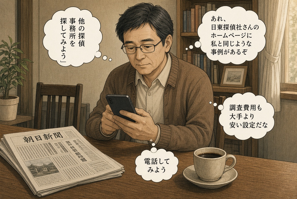 日東探偵社の相談事例を見て人探しの相談を決め、不安が解消された男性を描いた漫画