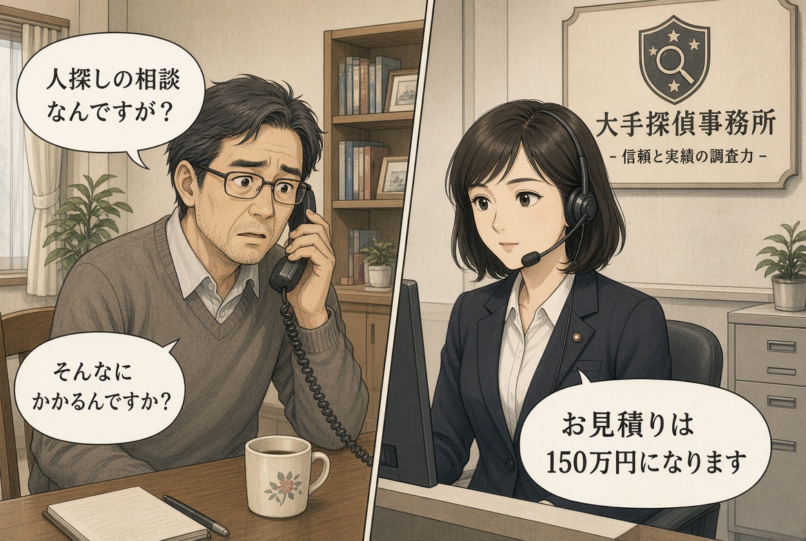 大手探偵社の見積もり費用に悩み、相談窓口で相談する男性の人探し漫画
