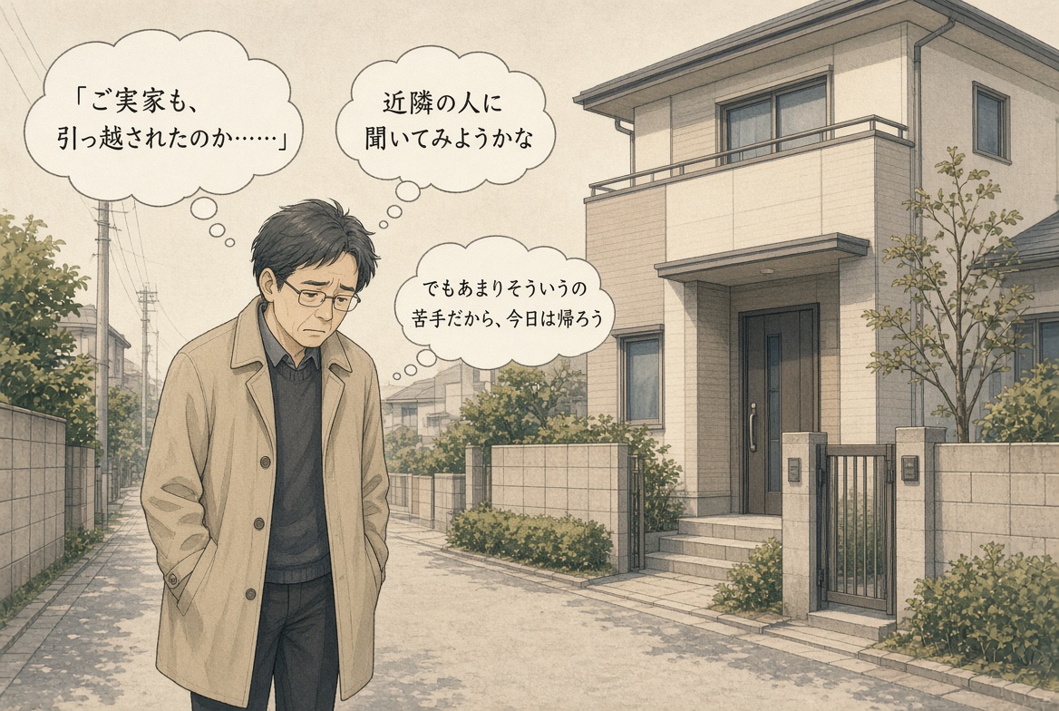 自力で初恋の人を探そうと近所への聞き込みを考えるも、怪しまれる不安から躊躇する男性の人探し漫画