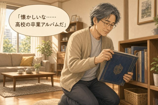 53歳くらいの男性がリビングで棚の前に膝をつき、青い表紙の高校卒業アルバムを両手で持って見つめている。