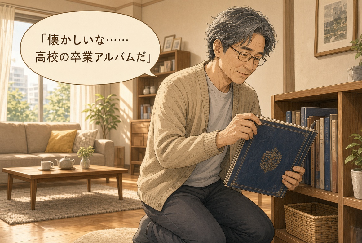 53歳くらいの男性がリビングで棚の前に膝をつき、青い表紙の高校卒業アルバムを両手で持って見つめている。