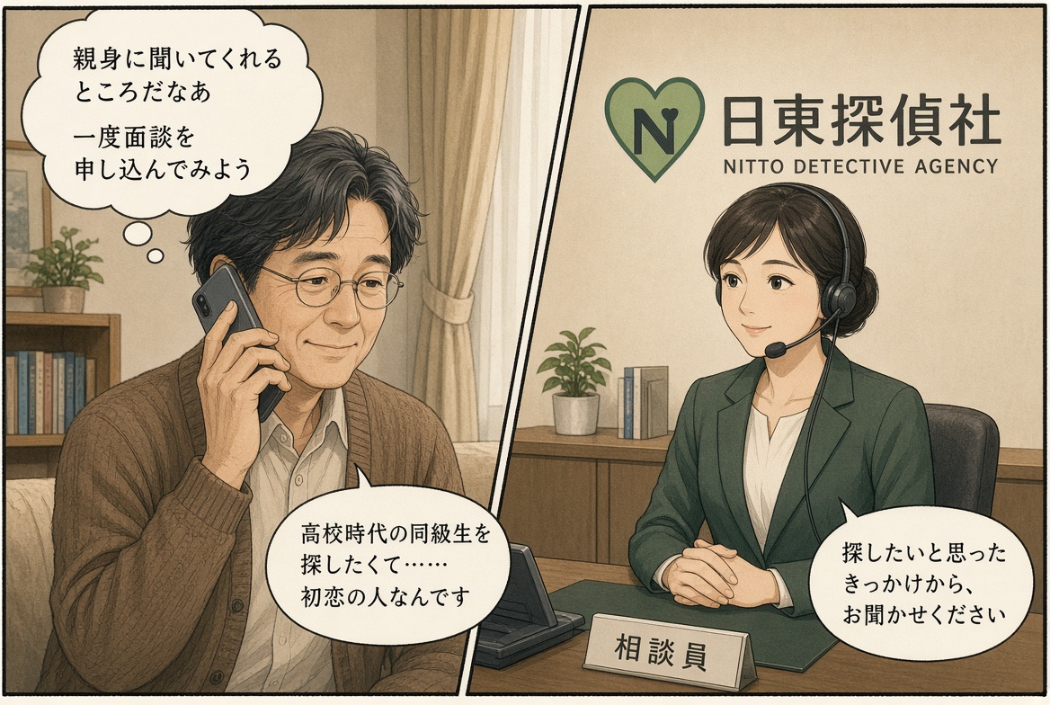日東探偵社の相談室で女性相談員と笑顔を交わし、胸のつかえが取れて晴れやかな表情を浮かべる男性のコマ