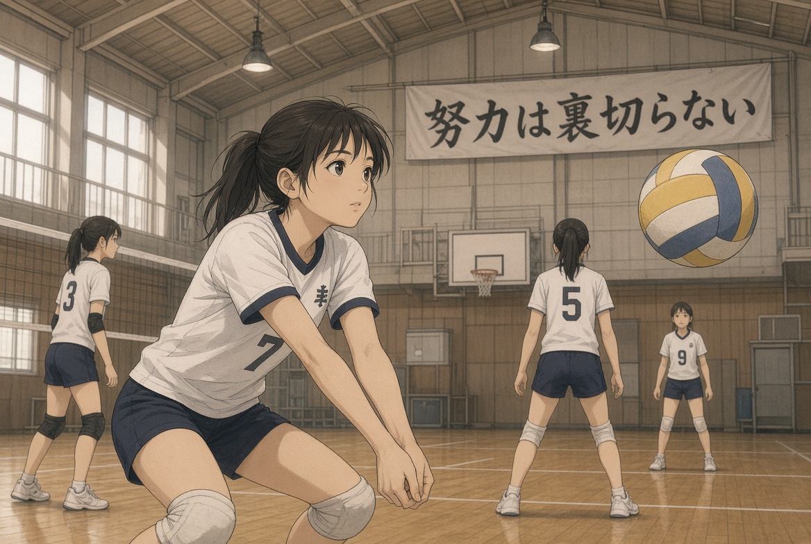 高校の体育館でバレーボールの練習をする女子生徒たち。手前の女子が構えている画像