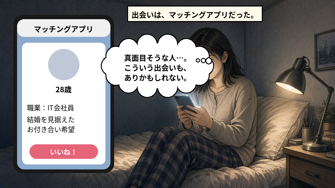 夜の自室で、IT会社員・結婚を見据えたお付き合い希望と書かれたマッチングアプリのプロフィールを見て、真面目そうな人だと感じる26歳の女性