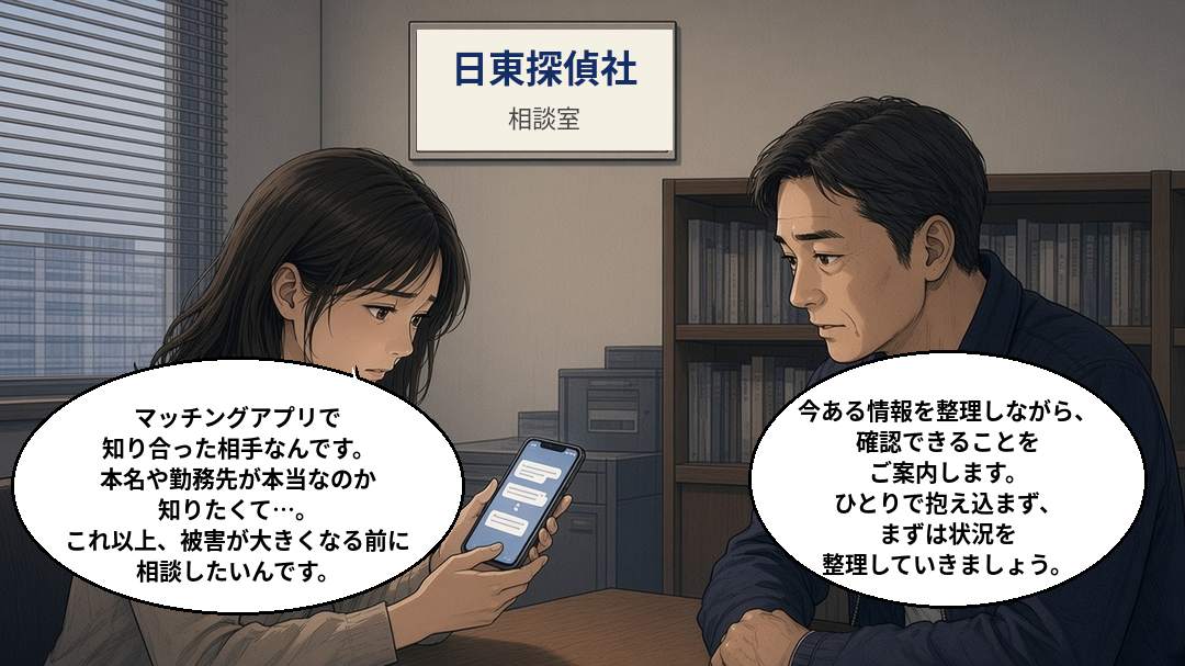 日東探偵社の相談室で、マッチングアプリで知り合った相手の本名や勤務先が本当なのか知りたいと、メッセージ履歴を見せながら相談する女性と、落ち着いて話を聞く相談員