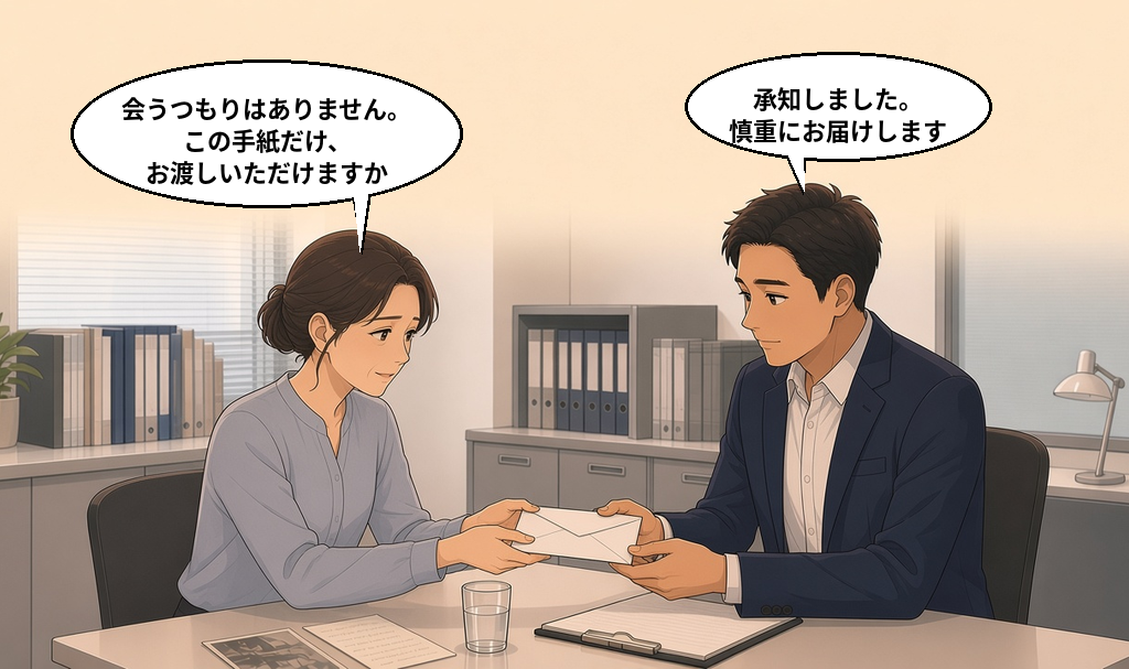会うつもりはありません。この手紙だけ、お渡しいただけますか」と元交際相手への手紙を相談員に託す女性