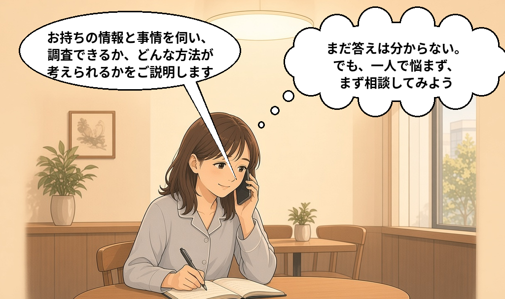 日東探偵社に電話し、彼と突然連絡が取れなくなったと相談する女性と、話を聞く相談員