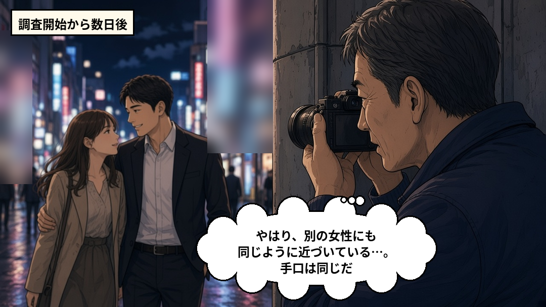 調査開始から数日後、夜の新宿で別の女性と寄り添って歩く彼を、物陰からカメラで撮影する探偵