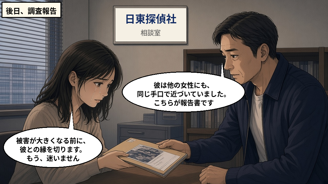 後日、日東探偵社の相談室で、相手が他の女性にも同じ手口で近づいていたという調査報告を受ける女性
「日東探偵社の相談室で、彼に関する調査結果の報告を受ける女性