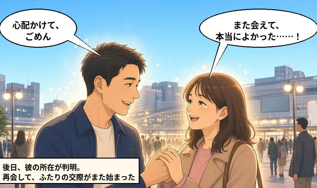 彼の所在が判明し、駅前で再会して手を取り合い、うれし涙を流して喜ぶ女性