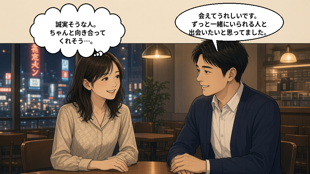 新宿のカフェバーで初めて会い、「ずっと一緒にいられる人と出会いたい」と話す優しそうな男性と、安心した表情の女性