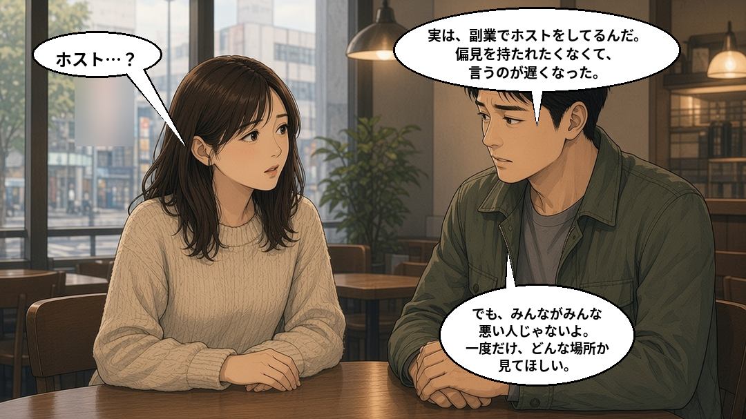 別の日のデートで、男性から副業でホストをしていると打ち明けられ、戸惑う女性
