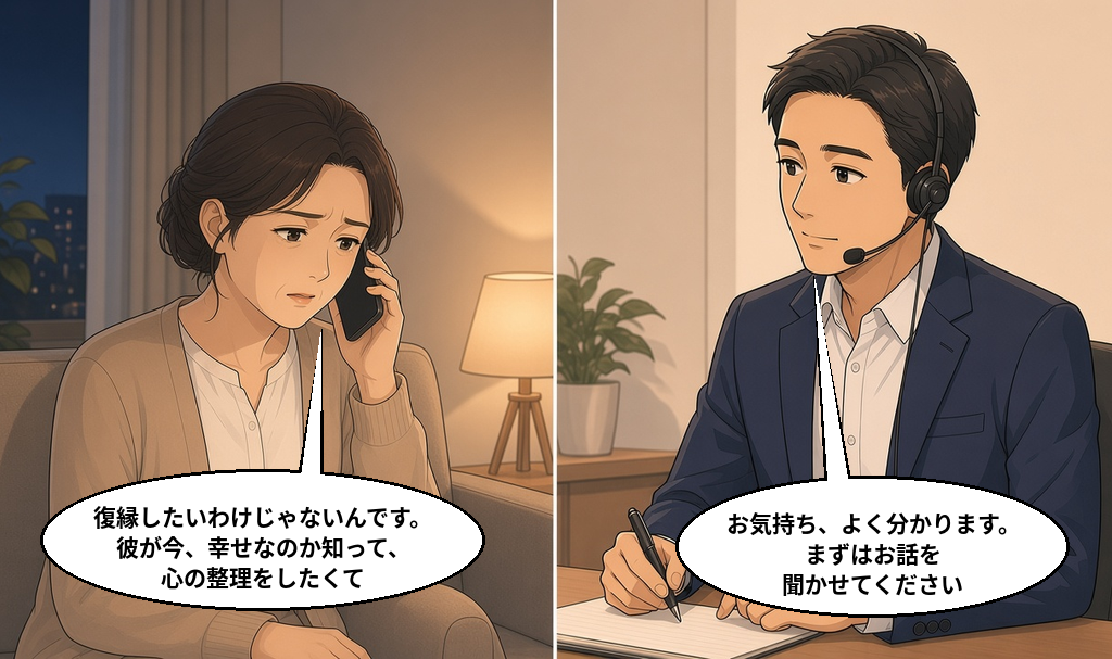 「復縁したいわけじゃないんです。彼が今、幸せなのか知って、心の整理をしたくて」と日東探偵社に電話で相談する女性と、話を聞く相談員
