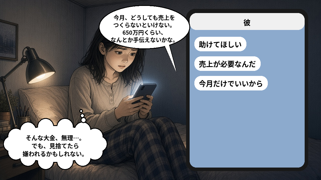 助けてほしい」「売上が必要なんだ」と届くメッセージと、650万円を手伝ってほしいと頼まれて不安そうにスマートフォンを見つめる女性