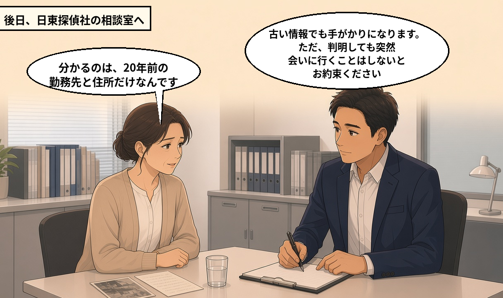 日東探偵社の相談室で20年前の勤務先と住所を伝える女性に、相談員が「判明しても突然会いに行くことはしないとお約束ください」と確認する場面