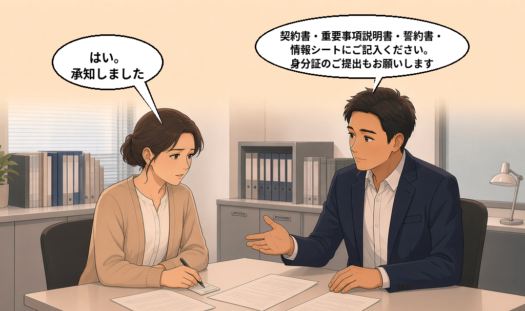 日東探偵社の相談室で、相談員から契約書・重要事項説明書・誓約書・情報シートの記入と身分証の提出を求められ、「はい。承知しました」と応じる女性