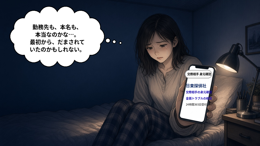 夜のベッドで涙をこらえながら「交際相手 身元確認」と検索し、日東探偵社の身元確認・金銭トラブルの相談を見つける女性