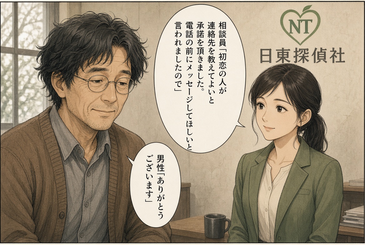 初恋の人探しで日東探偵社に相談し、手がかりからの調査可能性を聞いて安堵・期待する男性を描いた漫画