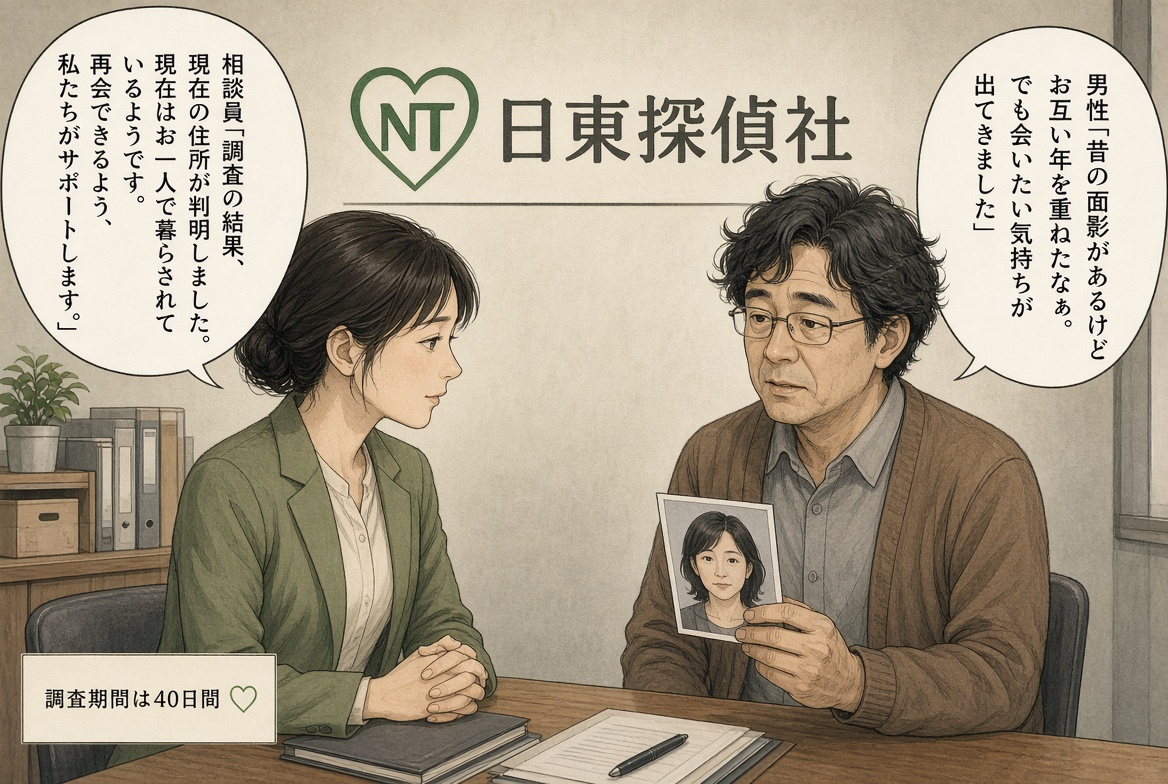 日東探偵社のロゴがある相談室で、担当の女性相談員と向かい合い、穏やかな表情で話を聞く男性のコマ