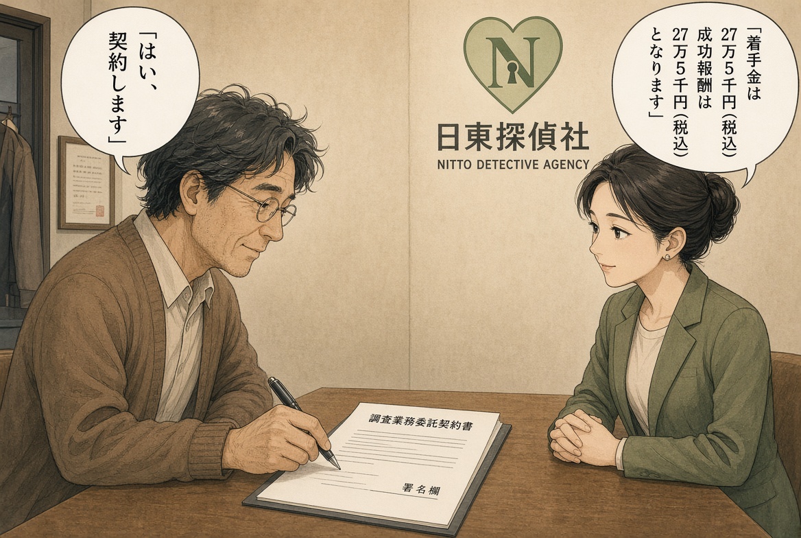 初恋の人探しについて日東探偵社の相談窓口で具体的な提案を受け、依頼を決意する男性を描いた漫画